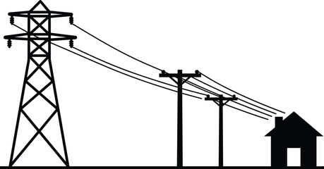 Electric power distribution system, transmission tower, utility pole network, residential electricity supply, energy infrastructure illustration, voltage line connection, vector diagram