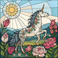Stained Glass Unicorn in Floral Field, Jewel-Toned Tattoo Art Sunlit Design