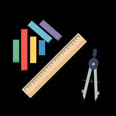 Assortment of school supplies with ruler compass and chalk.