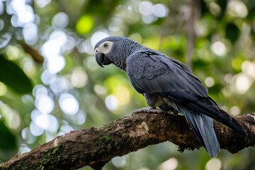 An African grey parrot observing the savanna from its perch in the jungle edge
