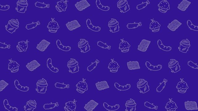 Food pattern animation seamless loop background cartoon snack meal suitable for culinary themes, restaurant promotions, social media content, or playful designs