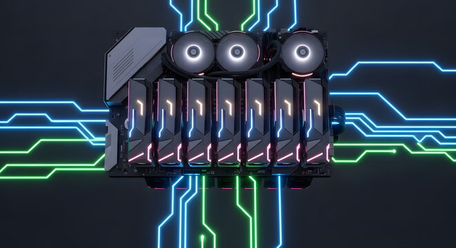 Cutting-edge computing system with multiple processing units illuminated by dynamic neon data streams, representing high-performance technology and digital connectivity