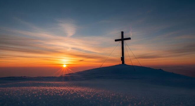 A Christian cross silhouetted against a vibrant sunrise on a snow-covered mountain peak. - Powered by Adobe
