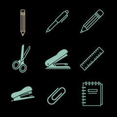 Stationery Icons - Pencil, Pen, Scissors, Stapler, Ruler, Clip, and Notebook.