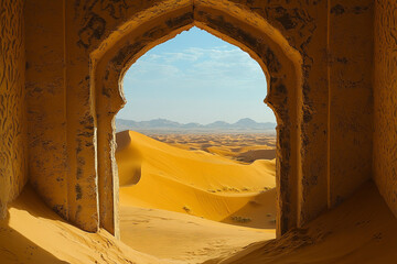 An ancient desert arch framing a breathtaking view of sand dunes