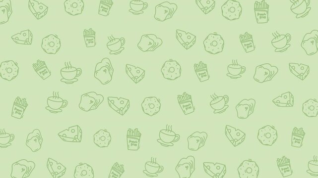 Food pattern animation seamless repeating background food items snack breakfast lunch dinner suitable for menus, restaurant branding, culinary blogs, food packaging, and digital designs