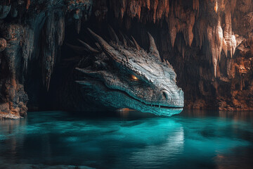 An ancient dragon sleeping beneath the waters of a vast underground lake
