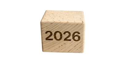 Single wooden block displaying the year 2026 isolated on transparent background