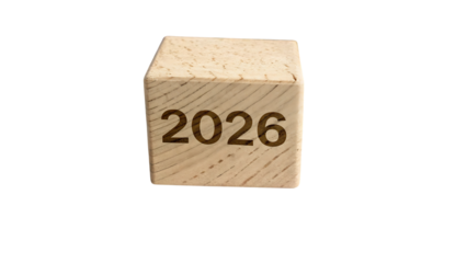 Single wooden block displaying the year 2026 isolated on transparent background