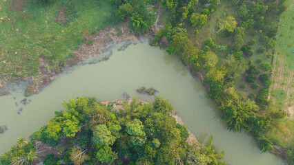 Aerial view tropical rainforest river curve sunrise with fog