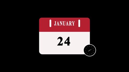 24 January date Calendar Page with Clock countdown animation on black Background. Digital calendar month and date concept design.