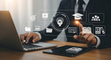 Businessman using laptop and touching futuristic digital interface with education and career growth icons symbolizing online learning and professional development