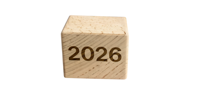 Single wooden block displaying the year 2026 isolated on transparent background - Powered by Adobe
