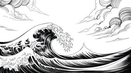 Dramatic Japanese style ink wash art captures a massive ocean wave crashing with dynamic clouds overhead creating a powerful and artistic natural scene