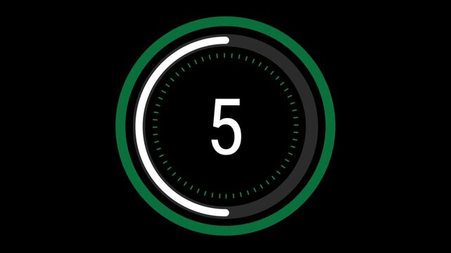 10-second sleek green and white countdown with a rotating dashed inner ring, a pulsating outer circle, and a decreasing time gauge on a black background. 4K Motion Graphics.