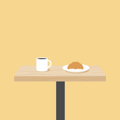 A simple illustration of a coffee cup and a croissant on a wooden table.