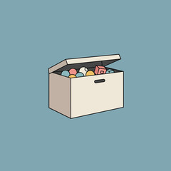 A simple illustration of a toy box full of colorful toys.