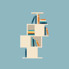 Asymmetrical modern white bookshelf filled with colorful books.