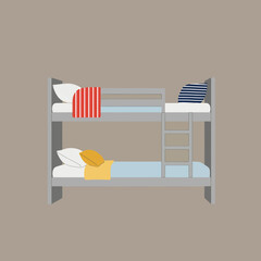 Bunk bed with pillows and blankets for sleeping in a bedroom.