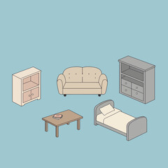 Collection of Isometric Furniture Pieces for Interior Design.