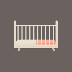 Classic white wooden baby crib with a pink blanket.