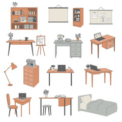 Collection of various office and home furniture items for work and study spaces.