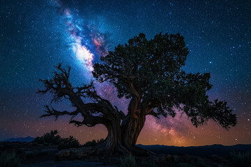 An ancient tree with twisted branches outlined against the Milky Way cosmic glow  