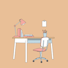 Illustration of a Study Desk with Lamp, Books, and Chair.