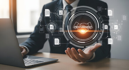 Businessman holding digital holographic interface displaying data and documents with futuristic technology overlay