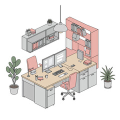 Isometric illustration of a modern office cubicle workspace.