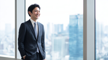 Fototapeta premium 窓の外の街並みを笑顔で見つめるビジネスマン