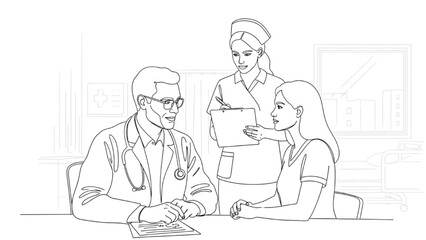 Doctor Consultation Line Art — Patient and Nurse with Clipboard in Hospital Office, Minimal Vector Illustration