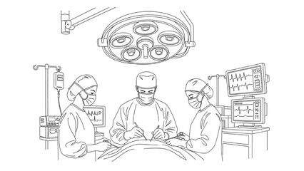Operating Room Line Art — Surgeon and Nurses Performing Surgery under Surgical Lights, Minimal Vector Illustration