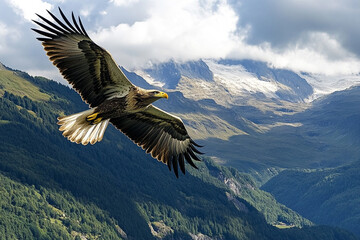 An eagle circling high above breathtaking valley, its keen eyes searching the landscape below
