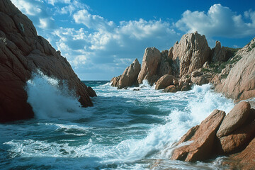 An awe-inspiring rocky coast, where massive boulders stand defiant against the crashing surf