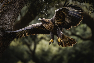 An eagle landing gracefully on tree branch, its talons gripping the bark
