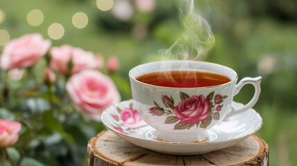 Fototapeta premium A steaming teacup and saucer photographed on a wooden log slice against a soft, blurred background. The teacup is white porcelain with pink floral decorations featuring roses and leaves.