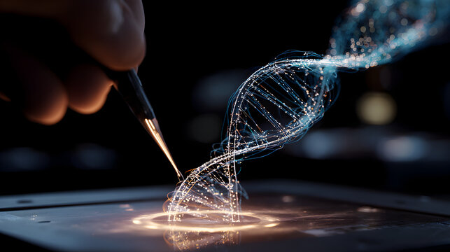 Hand manipulating a digital dna strand, representing genetic engineering and biotechnology research