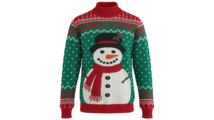Festive green christmas sweater with a large white snowman design and red scarf isolated on transparent background