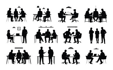 Vector art of silhouettes of business people in meetings