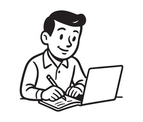 Smiling man diligently taking notes on paper with a pen while working on a laptop, symbolizing productivity and learning.