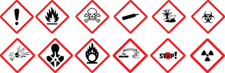 GHS pictograms. Warning Hazard Hazardous Danger Dangerous Icon set. Explosive Flammable Oxidizing Compressed Gas Corrosive Toxic Harmful Corrosive Environmentally Unsafe Vector Symbols.