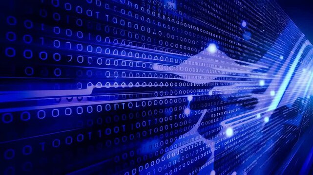 Digital background featuring blue binary code and data streams. Abstract technology concept.