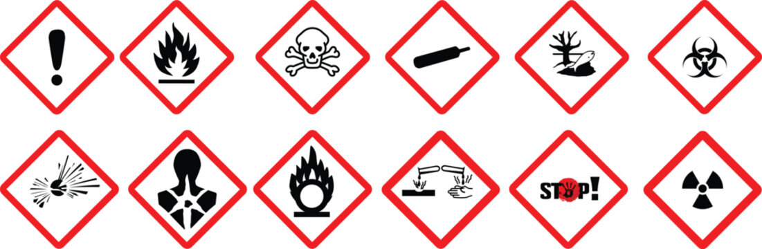 GHS pictograms. Warning Hazard Hazardous Danger Dangerous Icon set. Explosive Flammable Oxidizing Compressed Gas Corrosive Toxic Harmful Corrosive Environmentally Unsafe Vector Symbols.