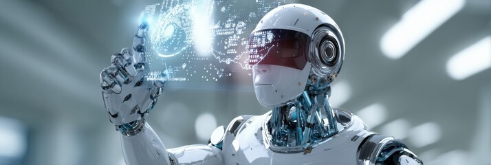 Futuristic Robot Interacting With Holographic Display in a High-Tech Environment With Bright Lighting and Sleek Design