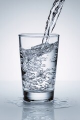 Clear water pours into a transparent drinking glass, creating splashes and bubbles