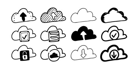 Collection of twelve cloud icons showing upload download secure and storage in a doodle style design
