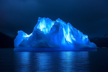An enchanted iceberg glowing with magical blue light under the Arctic night sky