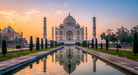 The taj mahal reflects in the pool during a colorful sunset in agra, india