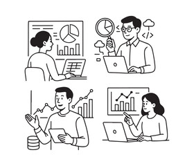 Diverse professionals analyze data, code, and present insights, driving modern business growth and innovation with digital tools.